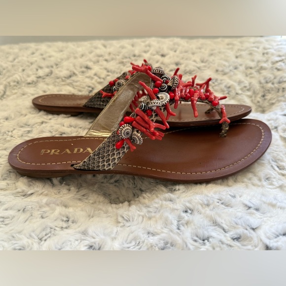Prada Red and Brown Sandals with Coral Beading - Picture 4 of 4